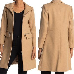 REISS Macey Funnel Neck Wool Blend Zip Coat w/ pockets in Medium Beige / Camel